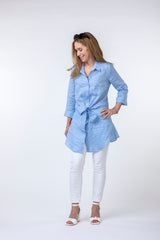 Long Blue Gingham Shirt with Tie Front - Sartoria Saracena S/S22 - Sarah Thomson Melrose