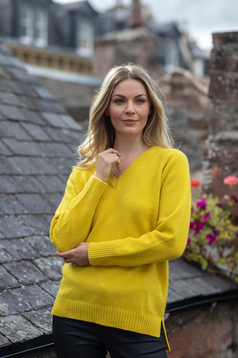 Scottish-Made V-Neck Wool Boyfriend Jumper in Yellow | Sarah Thomson Knitwear