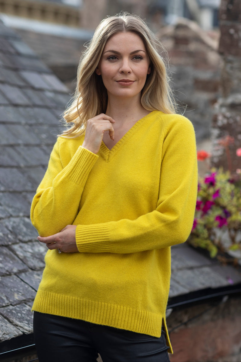 Scottish-Made V-Neck Wool Boyfriend Jumper in Yellow Sarah Thomson K